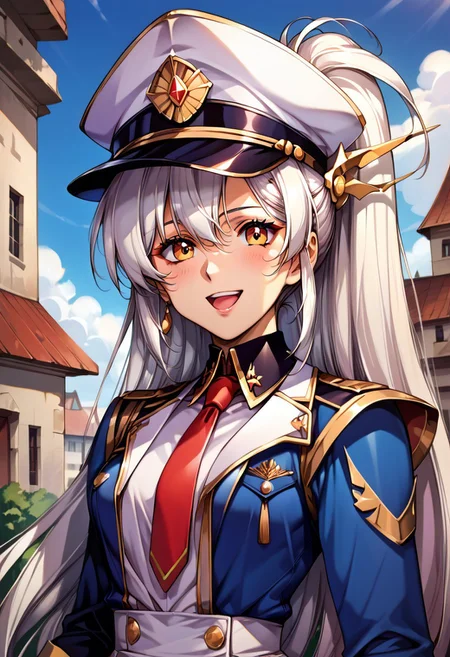 (score_9,score_8_up,score_7_up,source_anime,(masterpiece:1.2),best quality,very aesthetic,public indecency,absurdres),masterpiece,best quality,very aesthetic,fantasy,absurdres,1girl,solo, ,Luna,white hair, ponytail, , very long hair lora:Fixhands_anime_bdsqlsz_V1:1>, blue jacket, black pants, red necktie, short necktie, peaked cap, emblem, military uniform, black gloves, half gloves, yellow shirt, double-breasted , open mouth, blush,light smile looking at viewer,(upper body, close-up,:1.3), outdoors,, masterpiece,best quality, very aesthetic, absurdres, ultra detailed, high resolution, 4k, extremely detailed CG,