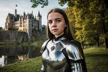 an up angle photo portrait of a girl, (medieval armor), metal reflections, outdoors, contrasting side sunlight, far away castle, eye contact, bokeh, blurry background, crest on chest