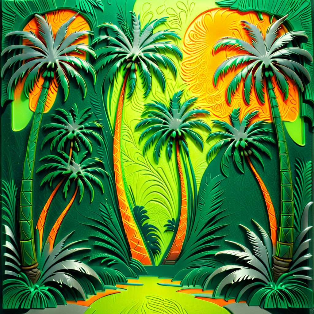 abstract nature print, palm trees, neon glows, mixed media, tweed, rococo style, Chiseled, orange and green, paisley pattern, middleground effect, silver highlights accents, modular structure, sandpaper texture, soft-touch finish <lora:artfully_DEPTHMAP:0.8>,  depth map, in the style of carved relief, embossing, encaustic, papercraft,