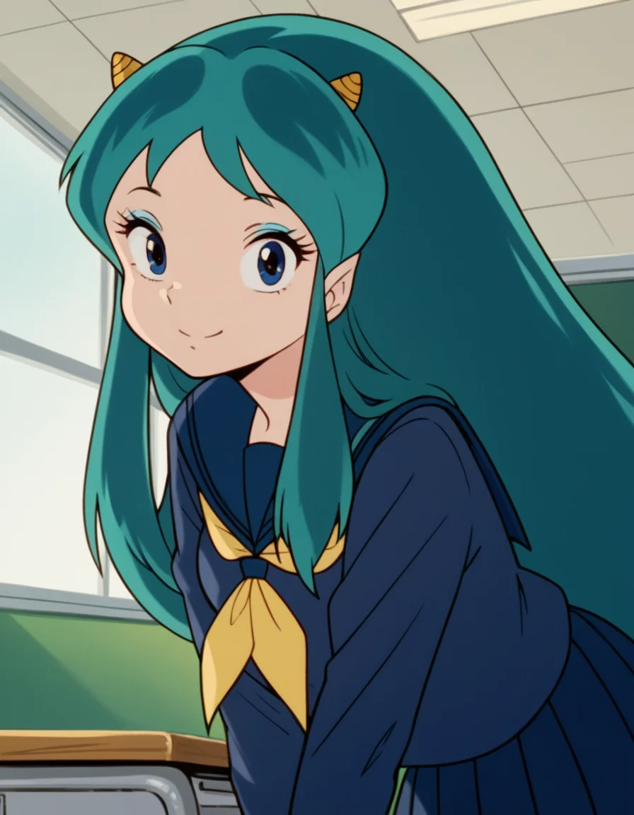 score_9, score_8_up, score_7_up, source_anime,
uruseilum, <lora:lum-class-studio-pierrot-ponyxl-lora-nochekaiser:1>
lum, long hair, bangs, blue hair, blue eyes, horns, pointy ears, aqua hair, oni horns, eyeshadow,
shirt, long sleeves, school uniform, serafuku, sailor collar, neckerchief, yellow neckerchief, shirt, blue shirt, blue sailor collar, blue skirt,
indoors, classroom, bent over, smile,
looking at viewer, dutch angle, cowboy shot, solo,