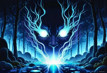 high definition digital animation depicting a cursed hannya mask radiating an eerie cyan and magenta aura blooming out of a blue lotus in a liminal bonsai garden, Studio Ghibli Dark Fairytale