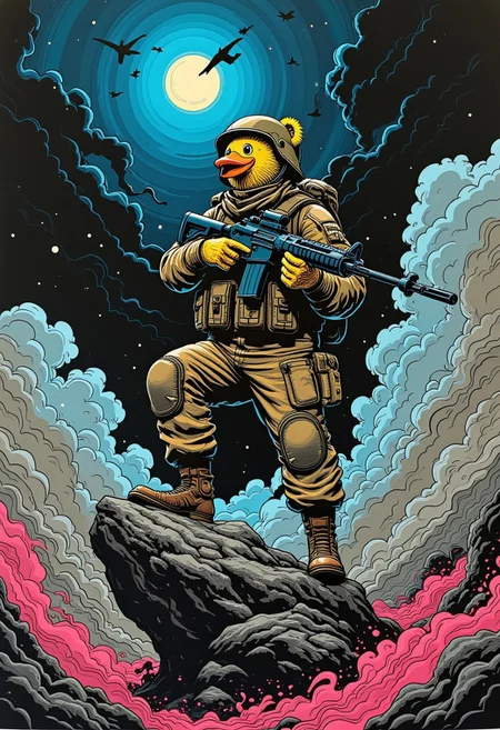 Create a beautiful illustration of a dramatic scene of a soldier standing with one foot on a stone. The soldier has the body of a teddy bear and the head of a yellow rubber duck. The soldier is wearing a tactical helmet and is holding a rifle. The camera angle is a low shot capturing the soldiers full body from below looking up at the sky. The background is dramatic smoke with psychedelic patterns.