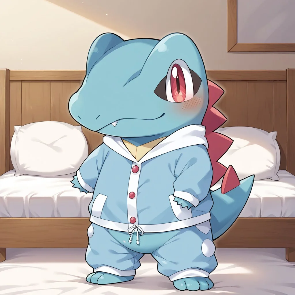 score_9, score_8_up, score_7_up, source_anime, source_furry,rating_explicit,bedroom,indoors,BREAK ,chibi,
solo,totodile, pokemon (creature),female,
clothes,jyojifuku, pajamas, hood,baggy pajama pants,
white pajama pants,