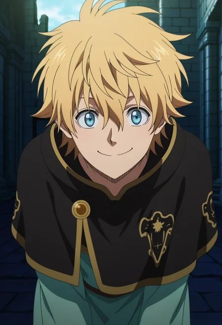 masterpiece, best quality, intricate details, anime screencap, , , looking at viewer, 1boy, solo, male focus, <lora:luck_voltia_ilxl:0.94>, luck_voltia, blonde hair, blue eyes, short hair, hair between eyes, , capelet, rule of thirds, ancient ruins, dark, leaning forward, smile,