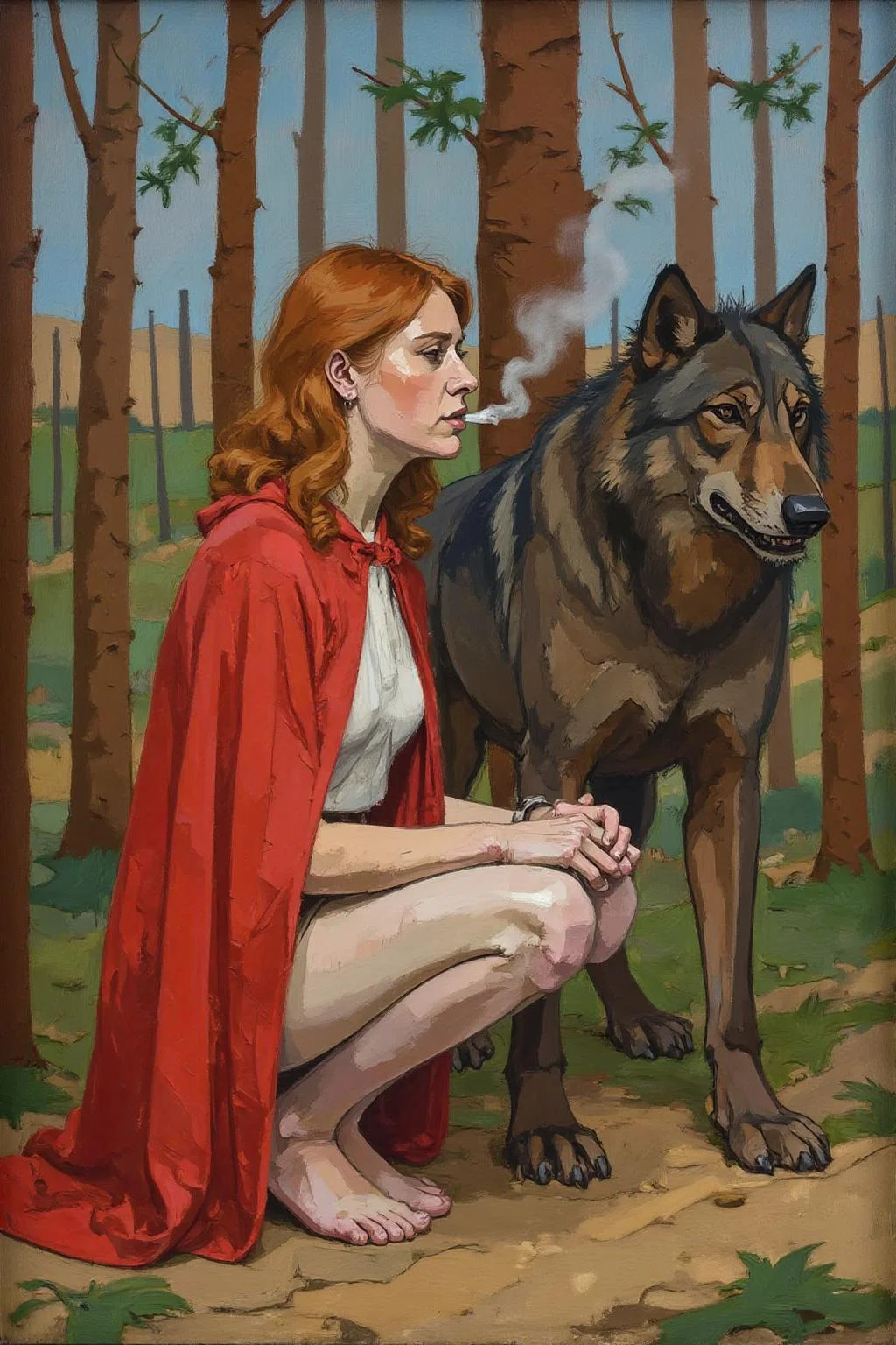 euanuglow1 painting.
A woman with red wavy hair, dressed as Little Red Ridding Hood squatting beside the Big Bad Wolf. She is smoking. <lora:euanuglow1_cap_d6aee11:1.0><lora:845539586097616866:0>