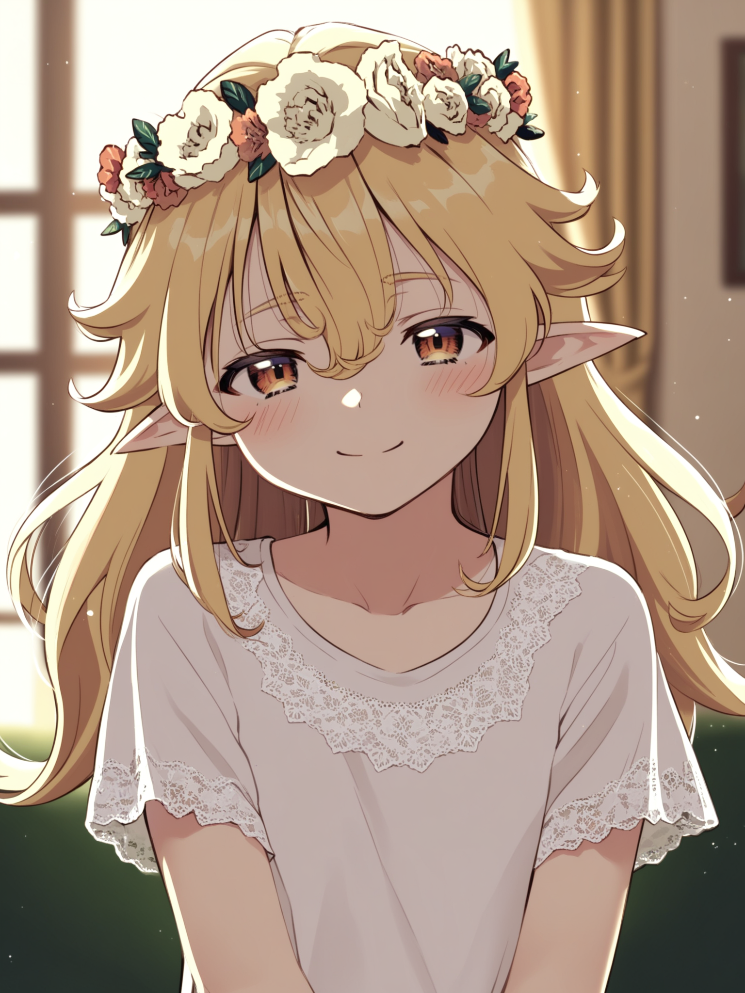 <lora:happy_tentacle-tsuruelko-v0.1-000011:1>, ht_tsuruelko, head wreath, blonde hair, small breasts , smile, , indoors, cowboy shot, 1girl, solo focus, (looking at viewer:1.1), , (depth of field:0.8), , score_9, score_8_up, score_7_up, score_6_up, score_5_up, score_4_up