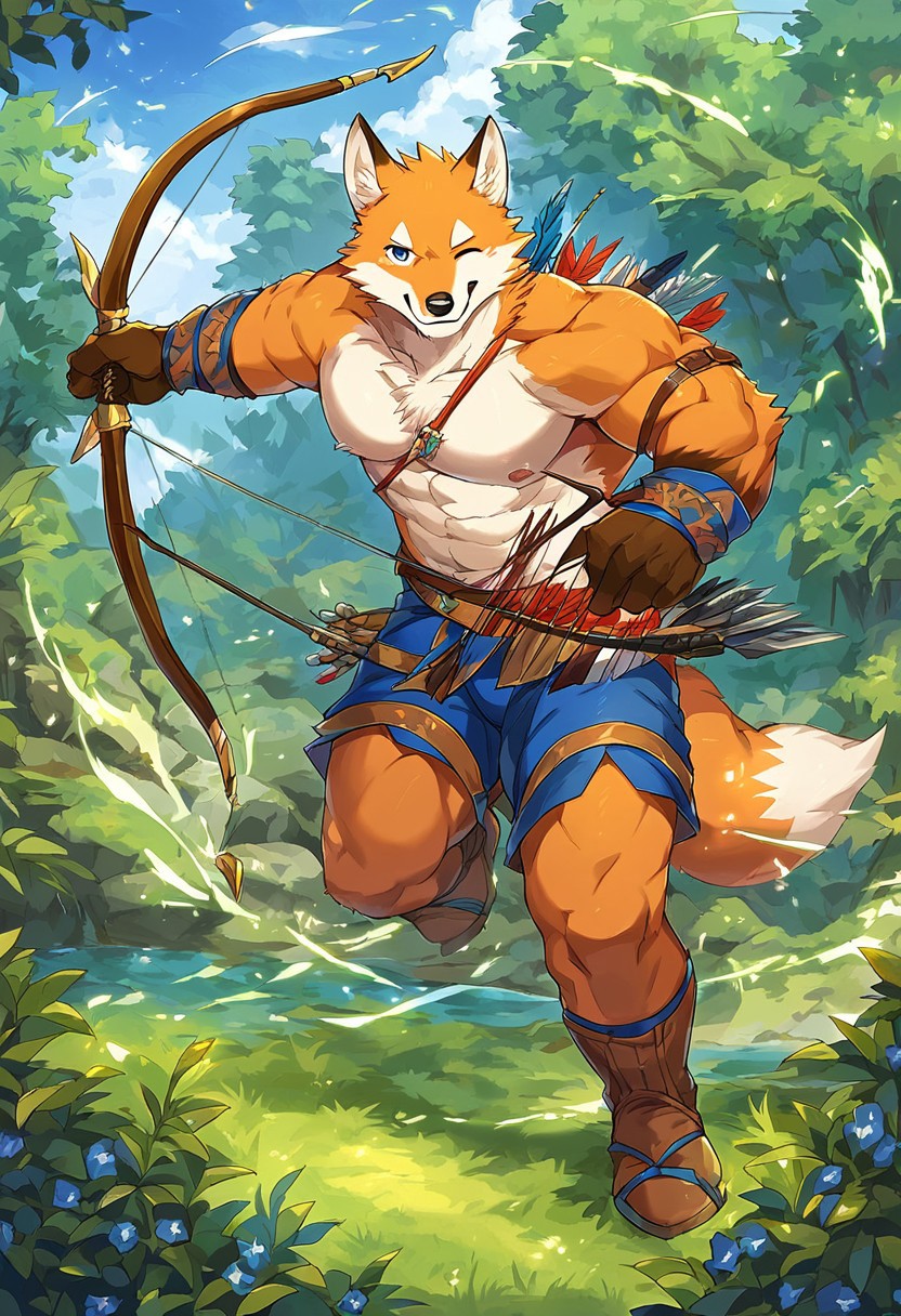 score_9, score_8_up, score_7_up, 1boy, bara, muscular, male focus, furry, anthro, fox, Ranger's clothes, fantasy, longbow, arrow, ranged weapon, full body, dynamic pose, drawing and aiming the bow, archery grounds, outside, day, looking at viewer, seductive smile, playful wink, one eye closed, masterpiece, best quality, amazing quality, FurryHeroes