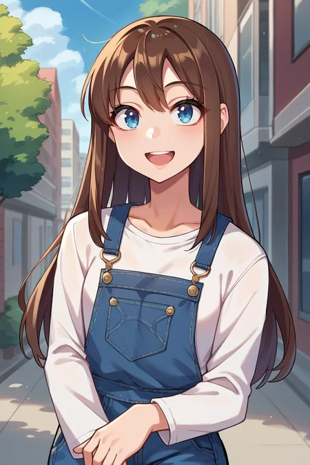 score_9, score_8_up, score_7_up, score_6_up, source_anime BREAK 1girl, <lora:yoshidasaki-pdxl-nvwls-v1-000006:1> defSaki, blue eyes, brown hair, long hair, white shirt, long sleeves, blue overalls, denim, looking at you, blue sky, city, smile, open mouth