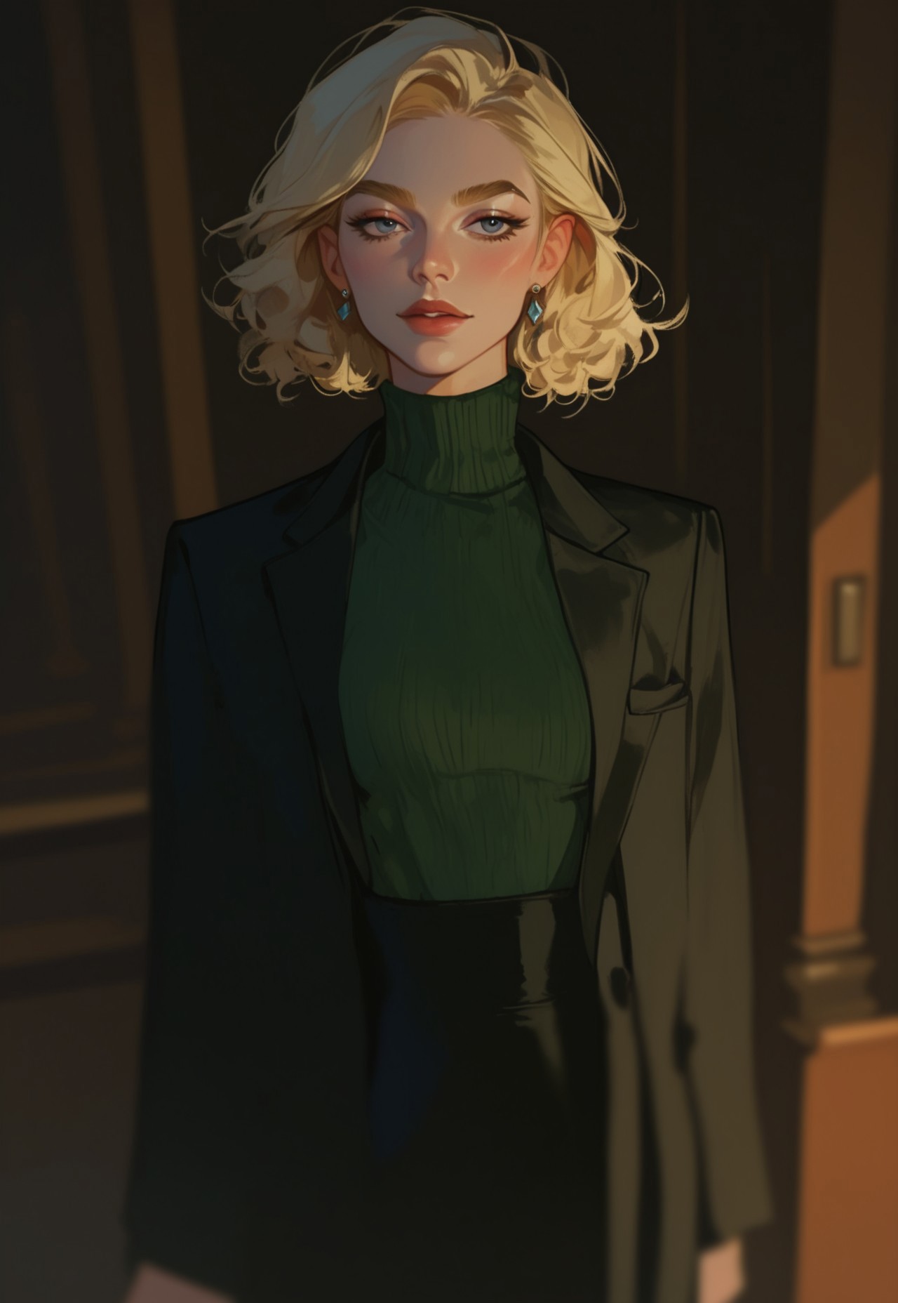  score_9, score_8_up, score_7_up, score_6_up, score_5_up, score_4_up,1girl, turtleneck sweater, black sweater, pale skin, semi-realism, medium breasts, tight clothes, dark narrow corridor, black latex gloves, formal suit, black suits, blonde hair, great artist, 8k, black formal jacket, shadows, cinematic scene, depth of field, long eyelashes, sharp eyebrows, sexy, seductive, Noise effect, old movie effect, old time, eyeliner, 
