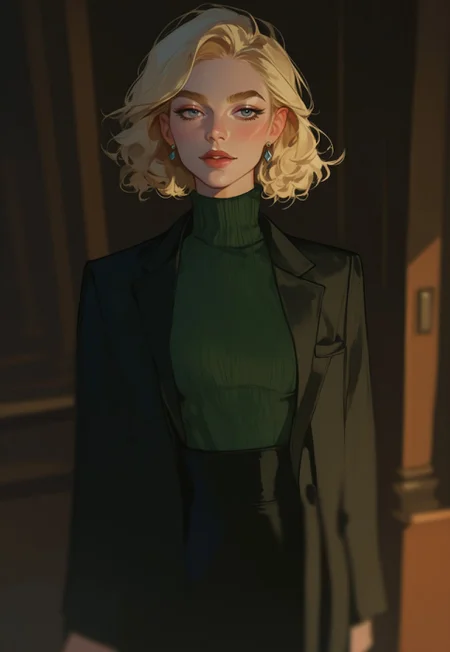  score_9, score_8_up, score_7_up, score_6_up, score_5_up, score_4_up,1girl, turtleneck sweater, black sweater, pale skin, semi-realism, medium breasts, tight clothes, dark narrow corridor, black latex gloves, formal suit, black suits, blonde hair, great artist, 8k, black formal jacket, shadows, cinematic scene, depth of field, long eyelashes, sharp eyebrows, sexy, seductive, Noise effect, old movie effect, old time, eyeliner, 