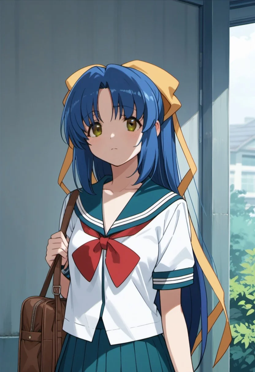 score_9, score_8_up, score_7_up, source_anime, shimizu sayaka, long hair, blue hair, brown eyes, 1girl, solo, school uniform, skirt, serafuku, bag, ribbon, hair ribbon, pleated skirt