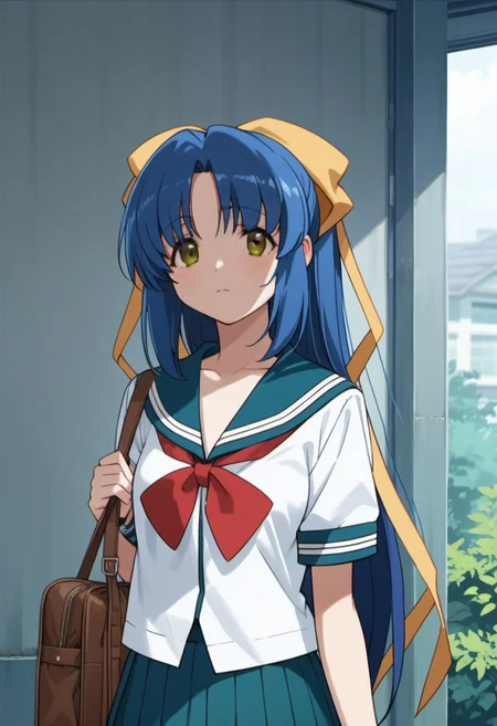 score_9, score_8_up, score_7_up, source_anime,  shimizu sayaka, long hair, blue hair, brown eyes, 1girl, solo, school uniform, skirt, serafuku, bag, ribbon, hair ribbon, pleated skirt