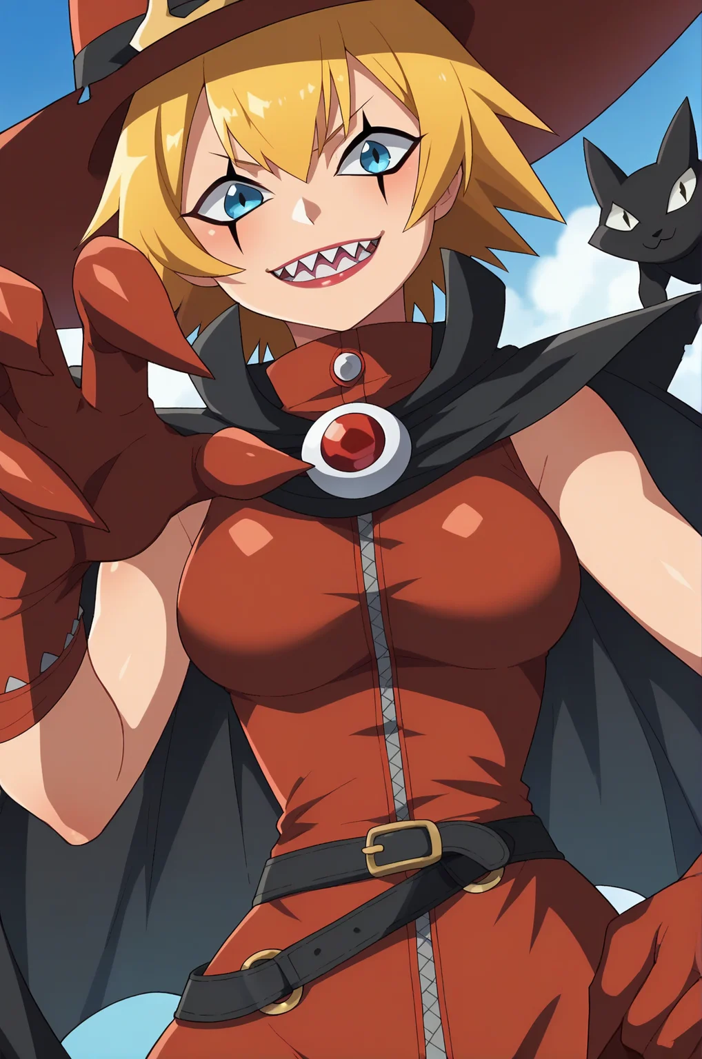 score_9, score_8_up, score_7_up, source anime, anime, animification, anime screencap, anime coloring, vivid colors, shiny skin, skindentation, deep skin, depth of field, high quality, highres, (dynamic angle,dynamic pose),
witchmon, 1girl, solo, looking at viewer, short hair, blue eyes, blonde hair, gloves, hat, teeth, cape, witch hat, cat, sharp teeth, red gloves, witch, digimon \(creature\), upper body
BREAK
masterpiece,high quality
<lora:Witchmon_XL-10:0.9>