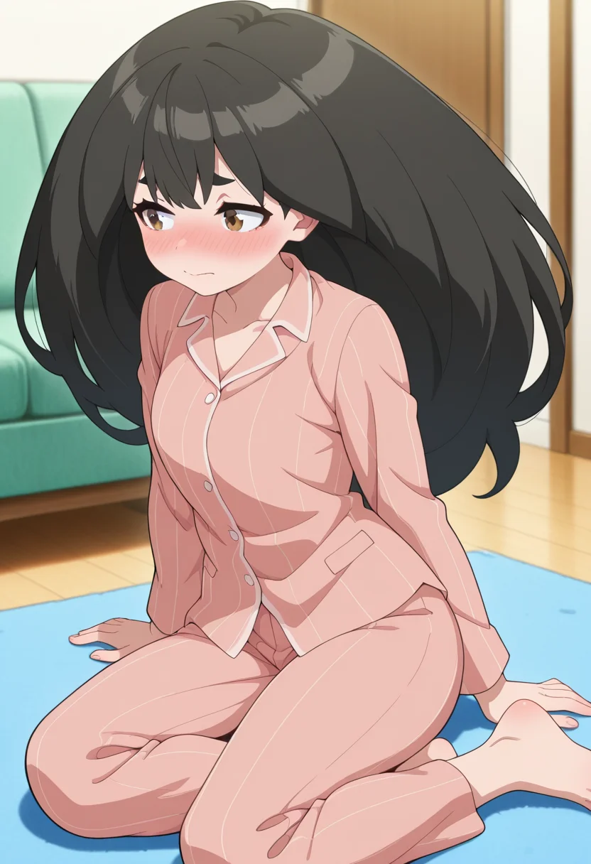 masterpiece, best quality, amazing quality, absurdres, 1girl, solo, sakurakoww, brown eyes, black hair, long hair, big hair, thick eyebrows, pink striped pajamas, long sleeves, pink striped pants, barefoot, <lora:Umeyashiki_Sakurako_Me_and_the_Alien_MuMu_ill:0.8>, sitting, yokozuwari, arm support, embarrassed, seductive, closed mouth, nose blush, indoors, living room, skindentation, detailed clothing folds, depth of field, sharp, high contrast, dynamic light