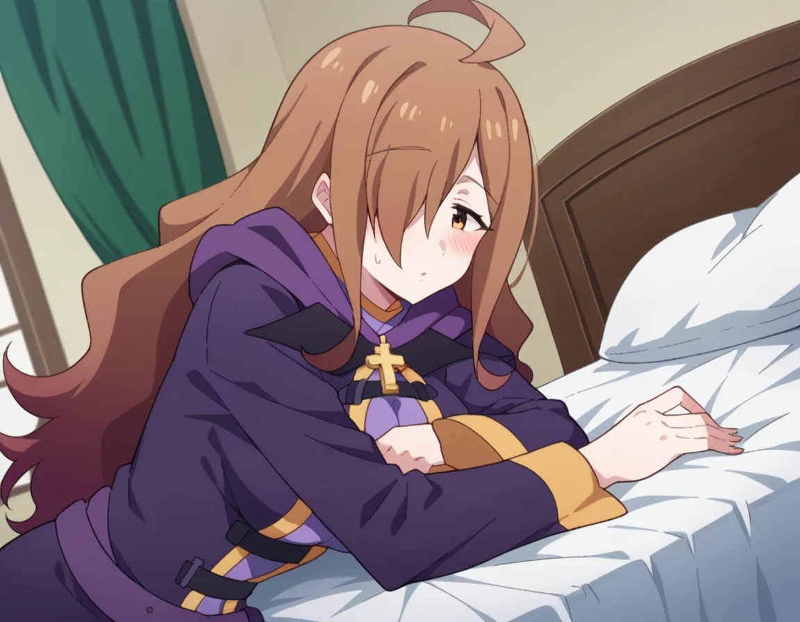 score_9, score_8_up, score_7_up, source_anime,
konosubawiz, <lora:konosuba-wiz-s1s2-ponyxl-lora-nochekaiser:1>,
wiz, ahoge, brown eyes, light brown hair, hair over one eye, long hair, mature female,
cross, dress, hood, hood down, jewelry, latin cross, long dress, long sleeves, purple dress, robe, purple robe,
indoors, bed, bed room, on side, blush, drunk,
looking at viewer, dutch angle, cowboy shot,