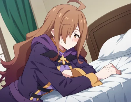 score_9, score_8_up, score_7_up, source_anime,
konosubawiz, <lora:konosuba-wiz-s1s2-ponyxl-lora-nochekaiser:1>,
wiz, ahoge, brown eyes, light brown hair, hair over one eye, long hair, mature female,
cross, dress, hood, hood down, jewelry, latin cross, long dress, long sleeves, purple dress, robe, purple robe,
indoors, bed, bed room, on side, blush, drunk,
looking at viewer, dutch angle, cowboy shot,
