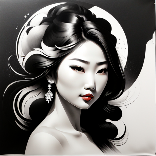 tshirtdesign vector,  charcoal and acrylic paint, sketch illustration of a beautiful asian woman in a traditional dress, long hair, ink style, <lora:T-shirt_Design_v1a-10:1>