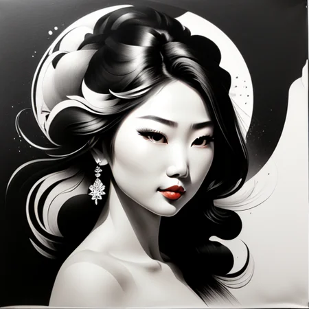 tshirtdesign vector, charcoal and acrylic paint, sketch illustration of a beautiful asian woman in a traditional dress, long hair, ink style, <lora:T-shirt_Design_v1a-10:1>