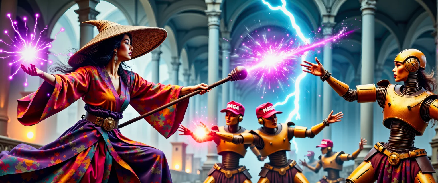 A dynamic action movie poster showing a techno-mage of the Sisterhood, wearing multi-colored robes and a (bamboo Coolie hat:1.2), engaging in an intense battle against three evil golden RealDonaldTrump-Bots wearing red "MAGA" hats, from the dark resort of Mar-a-Lago. The techno-mage uses her staff to fire pulsating balls of purple magical energy at the RealDonaldTump-Bots. The RealDonaldTrump-Bots are firing red pulse energy beams at the techno-mage. Bolts of blue electrical discharges permeate the air. It is evening, and the battle takes place in the dark misty dystopian ruins of the Mar-A-Lago resort. This is a full frame body shot, providing a environmental wide angle view of the entire body. Movie poster, bold colors, action sequence, complex patterns. Intricate details, masterpiece, best quality. Dramatic and dynamic high contrast lighting, dim dark atmosphere. <flux_realism_lora:0.64> <FluxDFaeTasticDetails:0.82> <BaroqueColorful:0.72>