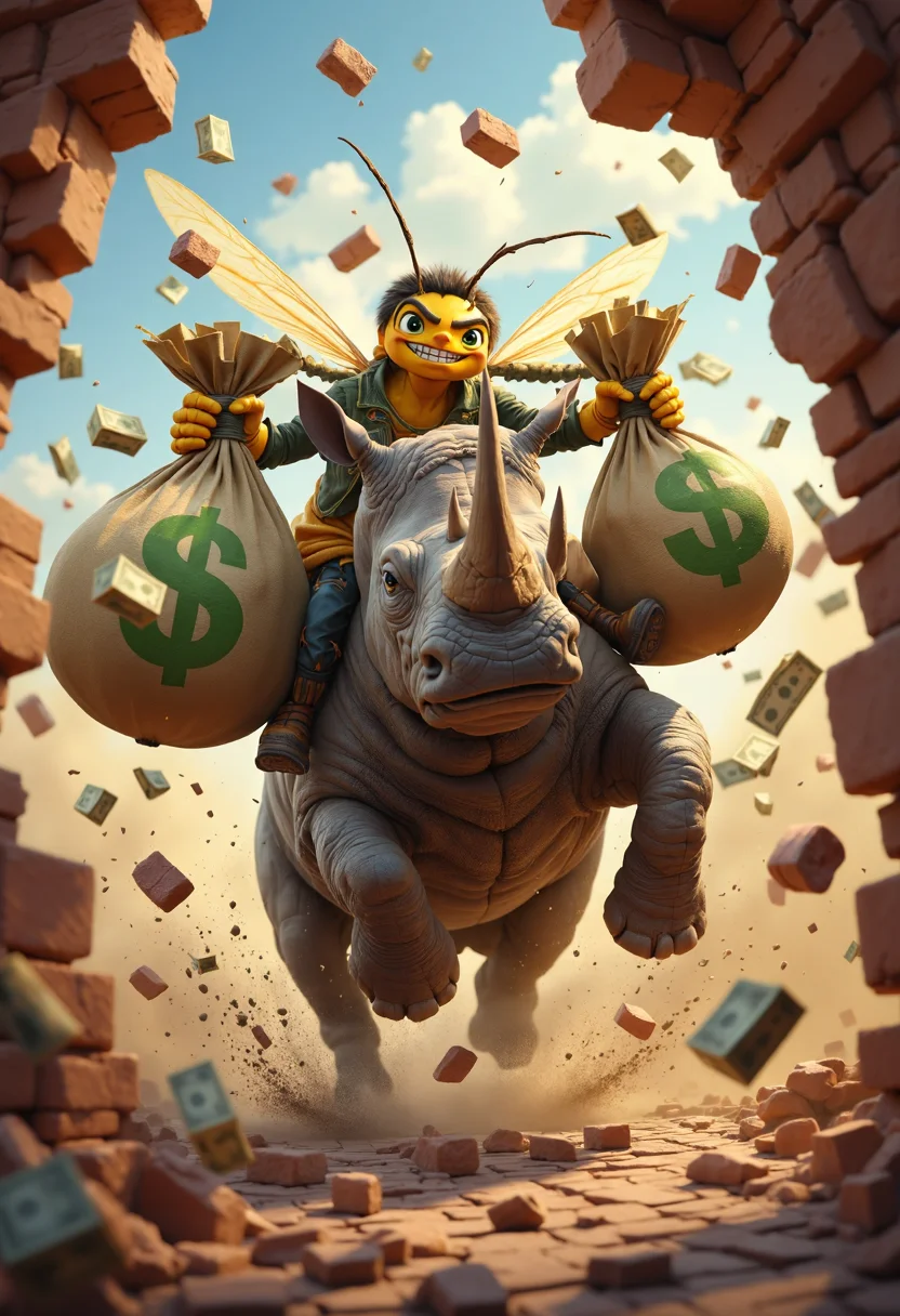 iphone photo A semi-realistic cartoon depicts a hornet, with a mischievous grin, riding a charging rhino as they burst through the brick wall of a bank. The rhino's powerful momentum sends bricks flying in all directions, creating a cloud of dust and debris. The hornet triumphantly holds onto bags of money, each marked with giant dollar signs, as they make their daring escape. The scene is filled with dynamic energy and a humorous twist, blending realism with cartoonish exaggeration. . large depth of field, deep depth of field, highly detailed