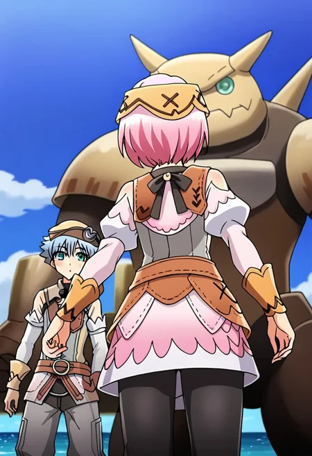 1boy and 1girl, duo, gradient hair, short hair, hat, collared shirt, belt, from behind, ocean, blue sky, cloud, from below, depth of field, 1other, ymir, golem, BREAK, azel, 1boy, blue hair, long sleeves, grey pants, BREAK, sonia, 1girl, pink hair, puffy sleeves, black pants