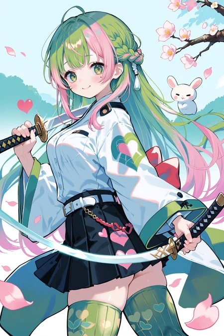 cotono, 1girl, smile, from behind, ass, bangs, belt, black skirt, blush, braid, breasts, closed mouth, gradient hair, green eyes, green hair, green legwear, haori, heart, heart print, holding, holding sword, holding weapon, japanese clothes, kanroji mitsuri, katana, long hair, long sleeves, miniskirt, mole, mole under eye, multicolored hair, open shirt, partially unbuttoned, petals, pink hair, pleated skirt, ribbed legwear, scabbard, sheath, sheathed, shirt, skirt, sword, thighhighs, thighs, two-tone hair, uniform, very long hair, weapon, white belt, white shirt, zettai ryouiki<lora:cotonobrite:0.7>