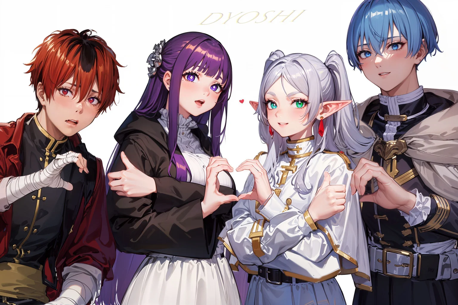 HDR,UHD,8K,best quality,masterpiece,<lora:GoodHands-beta2:1>,white background,1girl,1boy,(((,<lora:HeartHandsFailure:0.8>,,IncrsHHFail,heart hands duo))),(sad:1.5),<lora:CHAR-Stark:0.8>,StarkFrieren,red jacket,black shirt,white sash,black pants,bandages,gloves,red eyes BREAK <lora:CHAR-Fern:0.8>,FernFrieren,very long hair,purple eyes,(purple pupils),white dress,black robe BREAK <lora:CHAR-Frieren:0.8>, Frieren,twintails,earrings,FrierenBase,twintails,earrings,white capelet,striped shirt,white skirt,long sleeves,belt,black pantyhose,BREAK <lora:himmel_sousou_no_frieren:0.7>,himmel_sousou_no_frieren,blue hair,blue eyes,