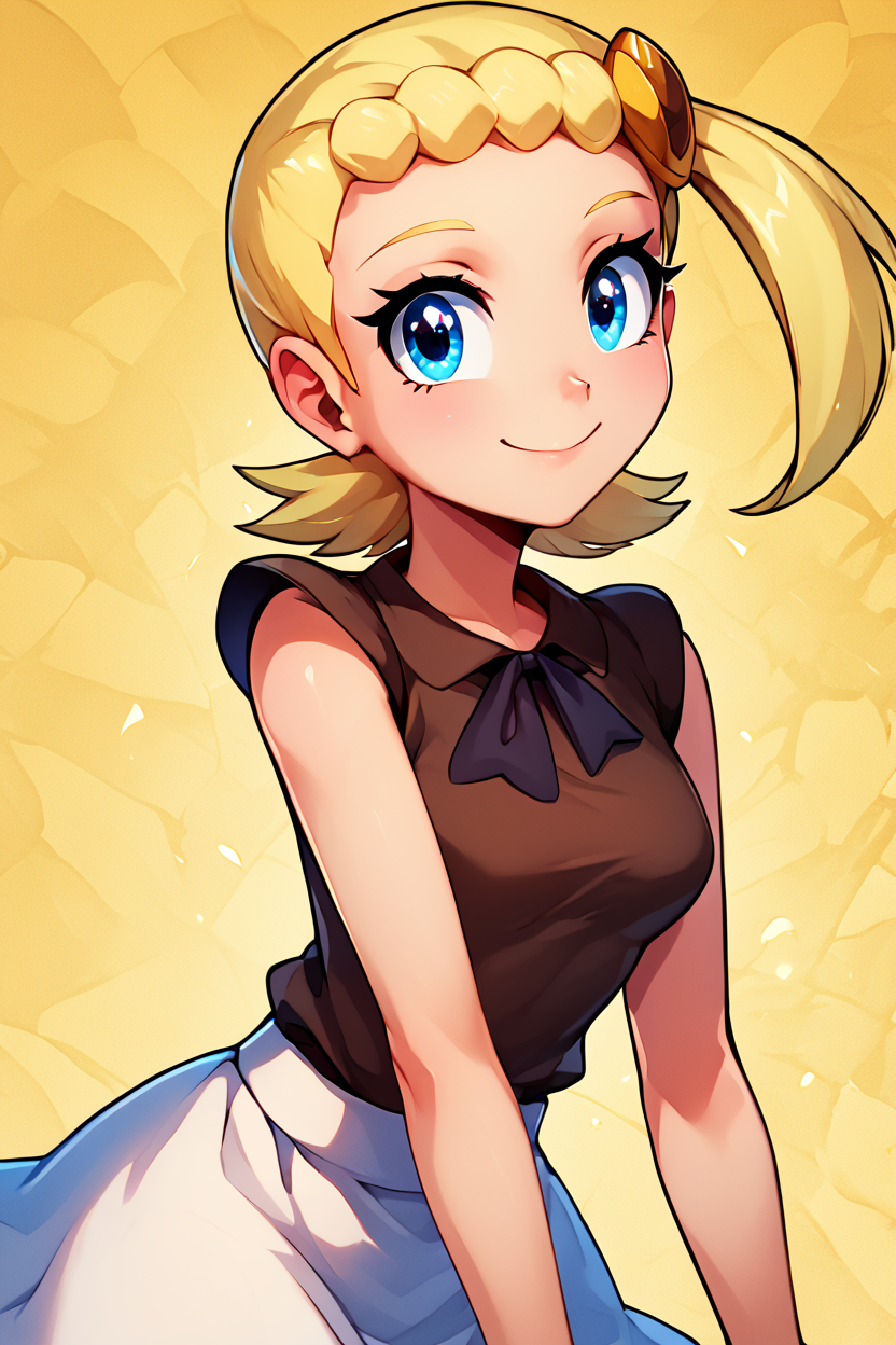 score_9, score_8_up, score_8, medium breasts, (curvy), cute, eyelashes,       ,,, , ,,, zzBonnie, blue eyes, blonde hair, hair ornament, short hair, side ponytail, brown shirt, white skirt, <lora:Bonnie_Pokemon_PDXL:1.0> ,,,, BREAK, looking at viewer, ,,, smile, upper body, leaning forward, head tilt, ,,, embedding:zPDXL, Expressiveh, ,,, <lora:theButcherXPDXL:0.8>, <lora:CatalystStylePDXL:0.6>, <lora:SDXLFaeTastic2400:0.5>, <lora:Expressive_H-000001:0.4>,