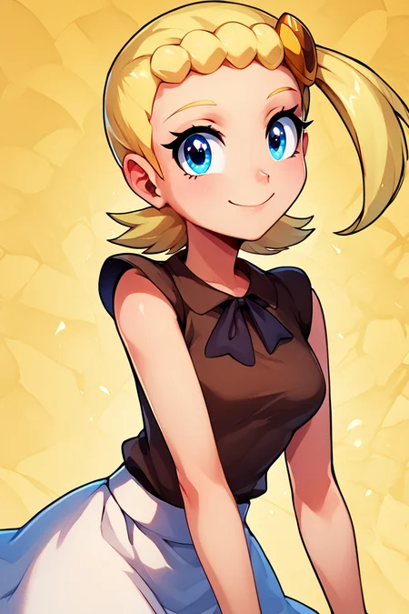 score_9, score_8_up, score_8, medium breasts, (curvy), cute, eyelashes, ,,, , ,,, zzBonnie, blue eyes, blonde hair, hair ornament, short hair, side ponytail, brown shirt, white skirt, <lora:Bonnie_Pokemon_PDXL:1.0> ,,,, BREAK, looking at viewer, ,,, smile, upper body, leaning forward, head tilt, ,,, embedding:zPDXL, Expressiveh, ,,, <lora:theButcherXPDXL:0.8>, <lora:CatalystStylePDXL:0.6>, <lora:SDXLFaeTastic2400:0.5>, <lora:Expressive_H-000001:0.4>,