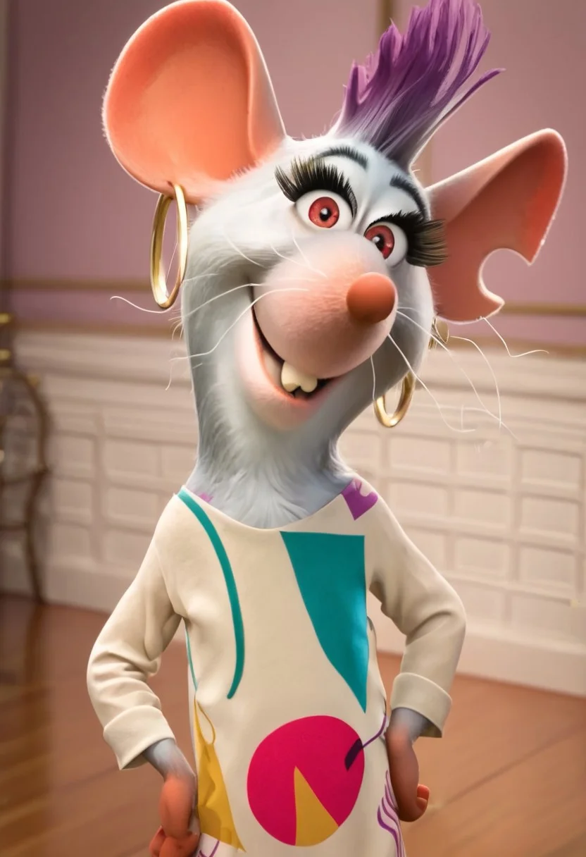 mandy_z+casual, furry, anthro, female mouse, white fur, short purple punk mohawk hair, pink ears (hole in left ear), a pink nose, three crooked whiskers on each side, buckteeth, big eyelashes, red eyes, pink hands (four fingers), pink feet (electronic anklet on right foot), pink mouse tail, white shirt (long sleeves, colored shapes patterns), pink pants (pink and purple stripes patterns, yellow bottom), golden earrings (big golden hoop rings), score_8_up, score_7_up, BREAK, 1girl, solo, looking at viewer, cute, hands on hips, head tilt, female focus, looking at viewer, detailed background, 4k, masterpiece, best quality, highly detailed, realistic, 3d, full shot