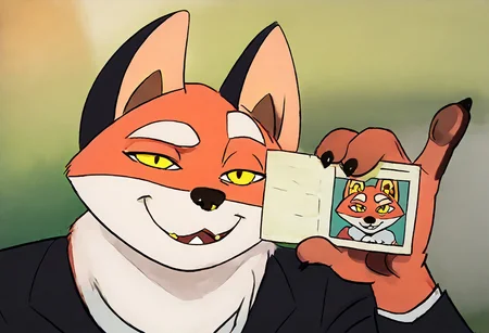 solo, score_9, score_8_up, score_7_up, score_6_up, score_5_up, score_4_up, source_furry, hi res, Rufus, fox, yellow eyes, orange fur, fox tail, 2D, drawing, anthro, black tuxedo, confident smile, sfw, standing, on a park