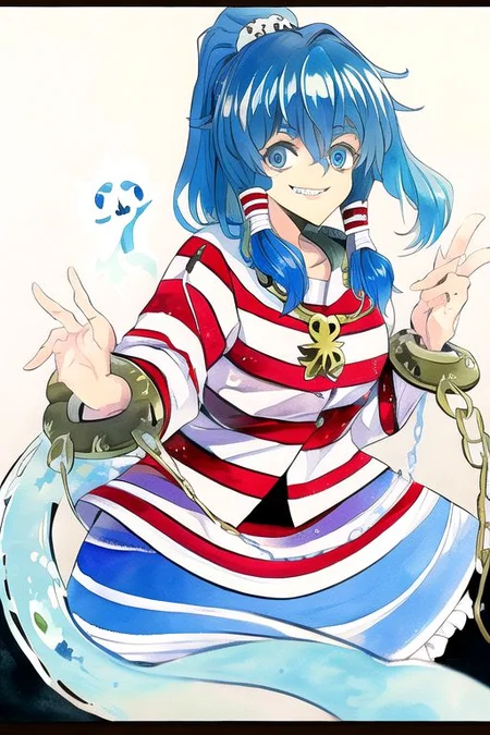 solo, 1girl, solo_focus, ((too many)):16,
watercolor (medium), traditional media,
miyadeguchi_mizuchi, solo, 1girl, smile, shirt, long_sleeves, skirt, hair_ornament, teeth, ponytail, chain, cuffs, blue_hair, shackles, long_hair, chains, striped_shirt, striped, skull_hair_ornament, blue_eyes, hair_tubes, bags_under_eyes, ghost, glowing_eyes, wide-eyed, spirit,