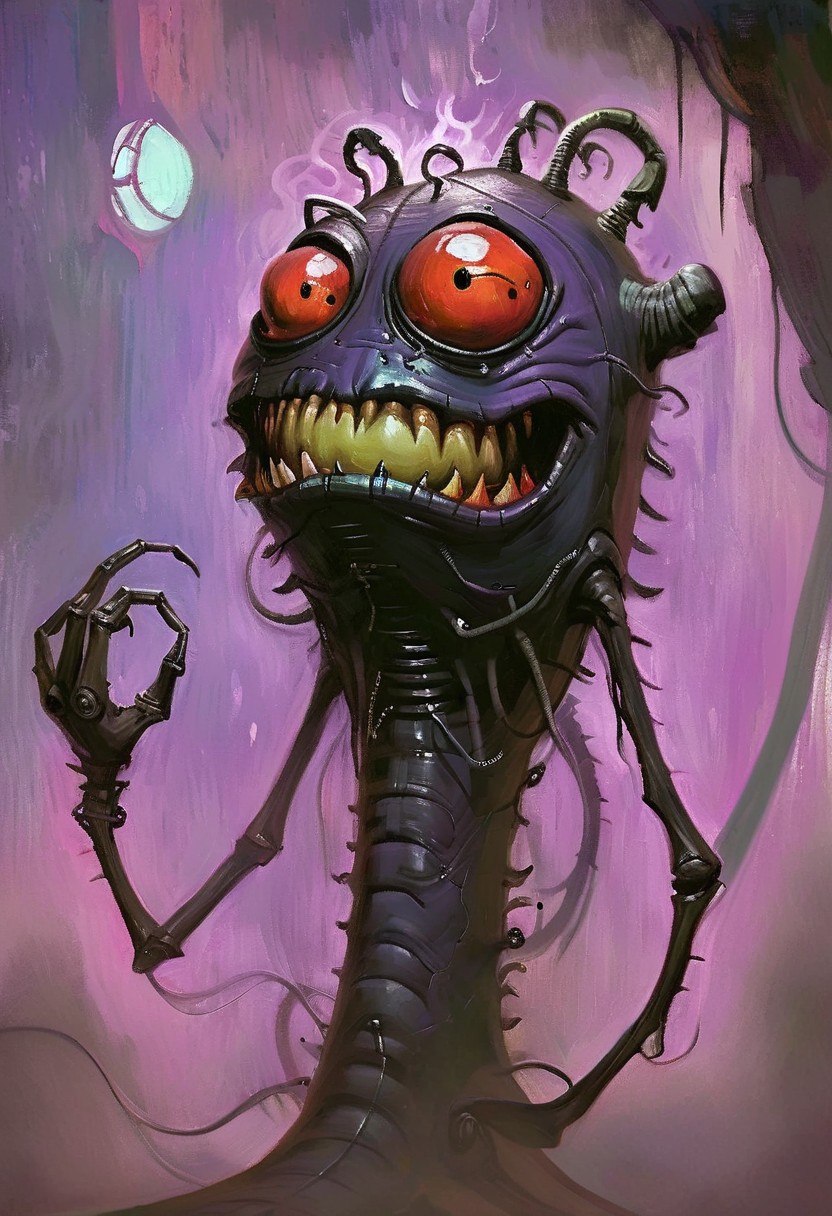 w4rh4mm3r style oil painting, grimdark, cybernetic , 
short creepy eggplant man monster, lascivious smile