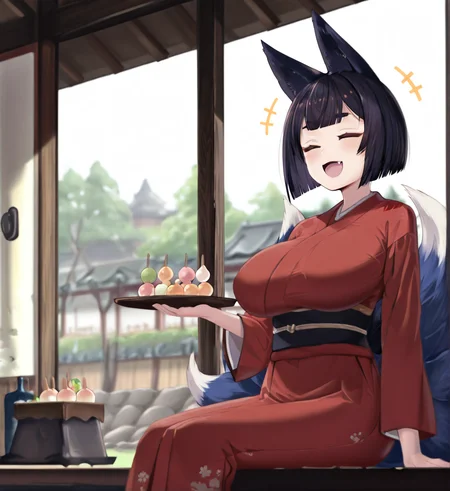 <lora:MIHO:1.3>,1boy, 1girl, (kukuri \(mawaru\:0.8)), huge breasts, wide hips, original, :d, +++, animal ears, black hair, blush, closed eyes, dango, eyebrows hidden by hair, fang, food, fox ears, fox girl, fox tail, holding, holding tray, japanese clothes, kimono, kitsune, multiple tails, obi, red kimono, sash, short hair, sitting, smile, solo focus, tail, tray, wagashi, 
very awa, masterpiece, best quality, highres, absurdes,amazing quality,very aesthetic,intricate details, <lora:hand 5.5:1>