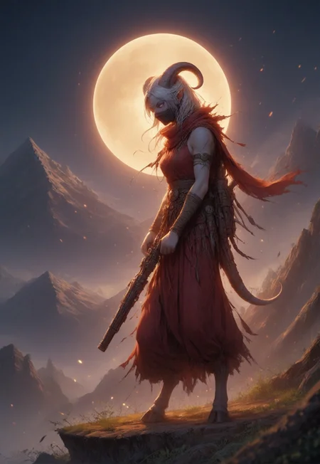 (absurdres, best quality, masterpiece:1.4), score_9, score_8_up, score_7_up, score_6_up, detailed, detailed body, detailed face, world of warcraft, fantasy, <lora:add-detail-xl:1.5>,
fFaceDetail, SkinDetail, ((female, draenei, tall, athletic arms, pale white skin, smooth skin, long white hair, purple eyes, no pupil, no sclera, long white tail), (h0rns, ram horns, white horns),
(long fingers, purple fingernails, purple nail polish)),
(long loose red dress, simple armlet, black facemask, red silk scarf), GunMonk, shotgun, holding shotgun,
full body, side view
outdoor, evening, mountains, moon