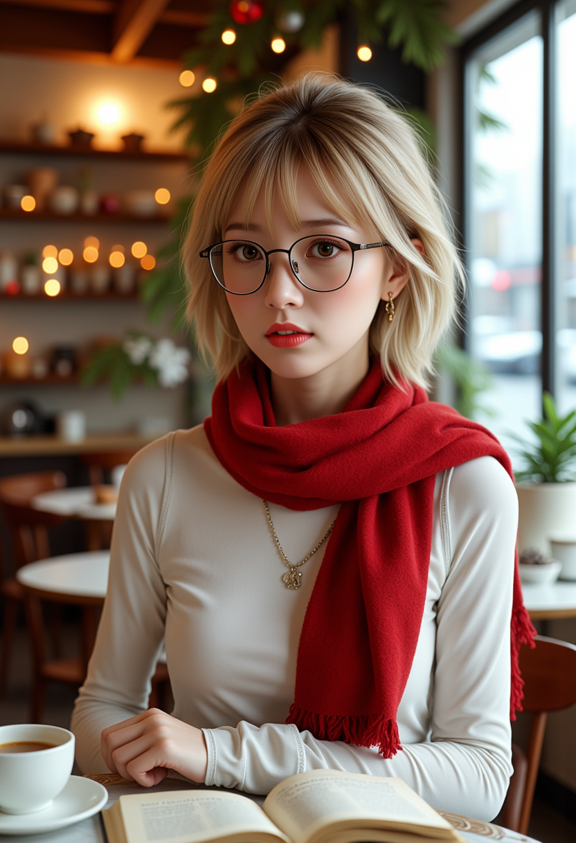 She is approximately 18 years old. Hyperrealism, she is looking at the camera, (dynamic angles), profile headshots of a beautiful, stunning unique female character. she has blonde hair. her eyes are filled with joy and excitement, extravagant eyelashes, a photo of Ch0c0_V2, a woman wearing glasses, a red scarf, and a white shirt. She is sitting in a café, indoors, reading a book, with a cup of coffee sitting on the table in front of her. The café is decorated for Christmas. The woman is posing confidently. She has a slight smile on her face and is looking directly at the camera. The background is a simple white wall.. making this image a masterpiece of photography and digital art. Style: realistic hyper-detailed rendering, 32k UHD, expressive eyes, punk, graphic design, girl's face, pretty and cute, gleaming lips, white skin, telling a tale of adventure. Exuding confidence and serenity. The background is a simple white wall. The overall mood of the image is happy and relaxed.RAW candid cinema,16mm,color graded portra 400 film,remarkable color,ultra realistic,textured skin,remarkable detailed pupils,realistic dull skin noise,visible skin detail,skin fuzz,dry skin,shot with cinematic camera,detailed skin texture,(blush:0.2),(goosebumps:0.3),subsurface scattering,beautiful photograph in the style of Augustus John,Sergio Toppi,Virginia Frances Sterrett,8k HD,detailed skin texture,ultra realistic,textured skin,analog raw photo,cinematic grain,whimsical,detailed hand,perfect hand.perfection style.