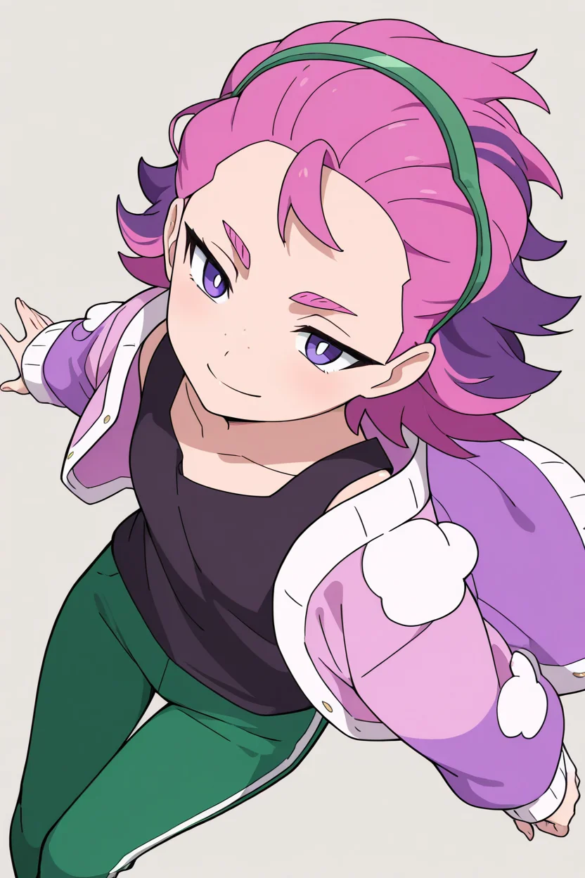 masterpiece, best quality, 1girl, solo,bbDotPKMN, 1girl, purple eyes, bright pupils, hairband, pink hair, short hair, black shirt, long sleeves, jacket, open clothes, green pants, <lora:DotPokemonIXL_v1:1.0>, from above, dynamic pose, cowboy shot, smile, looking at viewer, shiny skin,