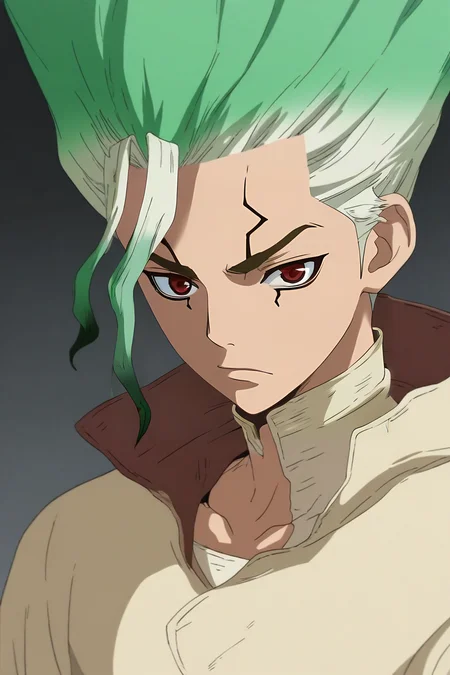 score_9, score_8_up, score_7_up, source_anime, semi-realistic, , upper body, depth of field, 1boy, solo, male focus, <lora:senkuu_ishigami_pony:0.78>, senkuu_ishigami, green hair, red eyes, multicolored hair, two-tone hair, white hair, facial mark, ,, science fiction space western, , <lora:sdxl_lightning_8step_lora:1>