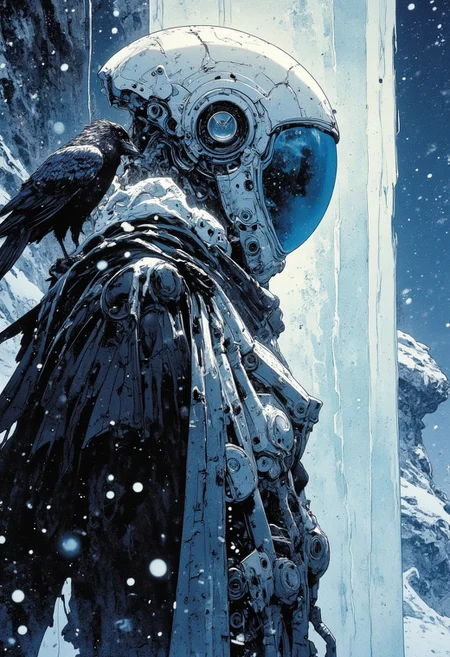 A mysterious astronaut stands shrouded in a delicate, translucent veil of frost. Their pale, almost translucent helmet glows softly in the dim light, and their dark raven-black space cape cascades behind them like a shadow. A large raven perches on their shoulder, its black feathers glistening with frost, matching the icy surroundings. The astronaut stands on a snow-covered cliff overlooking a frozen alien landscape, their cold blue visor piercing through the frosty veil. The air is filled with swirling snow, and the atmosphere is both haunting and ethereal. The scene is detailed with a focus on the icy textures, sharp contrasts between light and shadow, and the mystical presence of the astronaut and raven, head and shoulders portrait, 8k resolution concept art portrait by Greg Rutkowski, Artgerm, WLOP, Alphonse Mucha dynamic lighting hyperdetailed intricately detailed Splash art