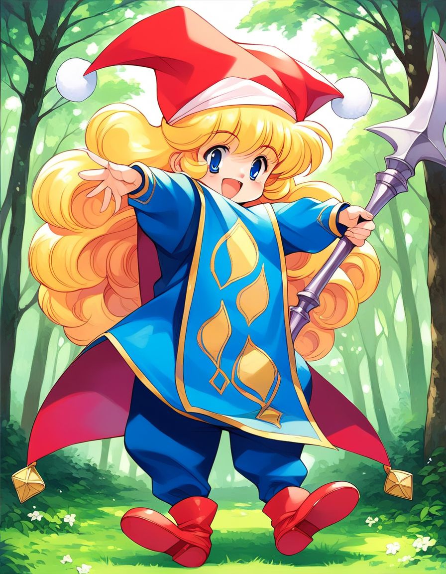 score_9, score_8_up, score_7_up, source_anime, rating_explicit, BREAK  <lora:Charlotte_seiken_densetsu3_XL:1>
Charlotte_seiken, 1girl, blonde hair, solo, hat, forest, 
full body, long hair, blue eyes, open mouth, retro artstyle, curly hair, smile, jester cap, holding, weapon, red footwear, blue long sleeves, tabard,