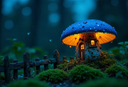 A super close-up of a small translucent mushroom with a faintly glowing vibrant blue cap, resembling a Scandinavian cottage, rooted in a bed of moss deep within a dark, stormy forest. The mushroom's cap is detailed with tiny, weathered wooden planks and windows softly glowing with warm light, offering a cozy refuge amidst the raging rainstorm. The old wooden fence surrounding the mushroom appears weathered and aged, and droplets of rain slide down the cap as lightning flickers in the distance. The atmosphere is mystical, with the forest looming in shadowy blurs behind the mushroom house.