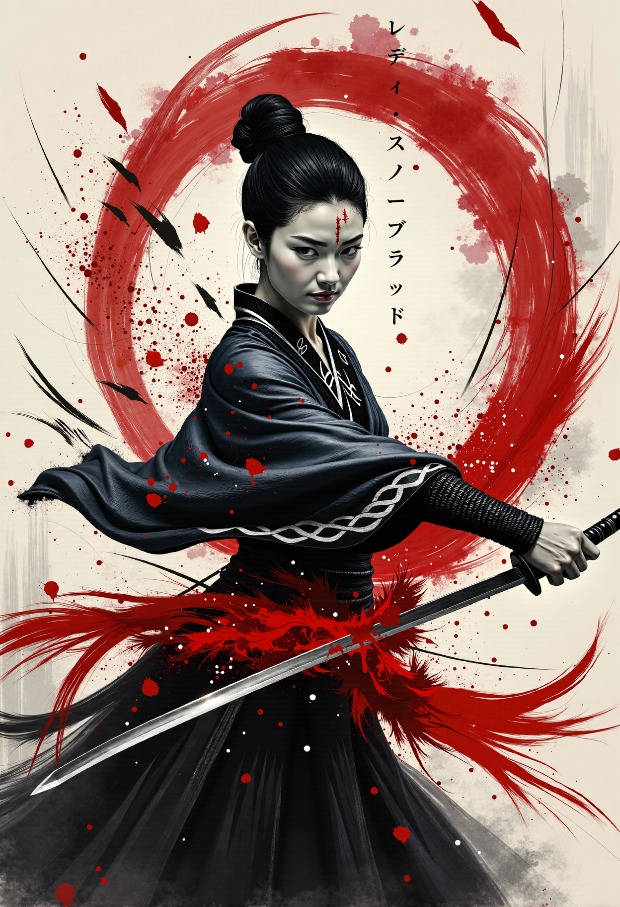 Create an abstract b&w ink painting: A dynamic painting of a woman wielding a sword. The woman is dressed in traditional white clothing with hair tied in a knot, her beautiful face covers in shadow. The scene captures the motion of the sword with bold red and black brushstrokes, creating a dramatic effect. The background is bright, contrasting with the dark and red colors of the figure and brushstrokes. Red splatters and lines add an intense and energetic atmosphere. The painting features a mix of expressionism and abstract art, with symbolic representation of strength and movement. Influences of traditional Japanese art and culture are evident in a dezent monochromatic scheme, primarily with shades of black, white, and red.