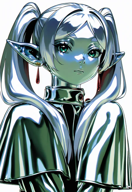 best quality, amazing quality, very aesthetic, absurdres,
chrome, shiny skin, chrome clothing, chrome skin,
1girl, frieren, twintails,
chrome capelet,
upper body, looking at viewer, solo, simple background, white background <lora:ChromeNoob_byKonan:1>
