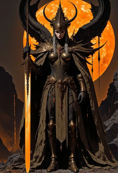 elf girl, (elf warrior), gorgeous, (dark elf), (drow), bone armour, wearing armour made of bones, unholy black ornaments, mystic jewelry, standing upright, holdind a shining sword, sword is ornate and covered with runes, wearing tattered cloak and hood, intimidating aura, background is a giant burning tree, atmoshere of image is tragic and epic, The style is ethereal and artistic, soft lighting and shadows, cinematic warm lighting, female, 1girl, gray hair, long hair, pale skin, red eyes, gray cloak, holds sword, the character is charismatic and unholy, cowboy shot