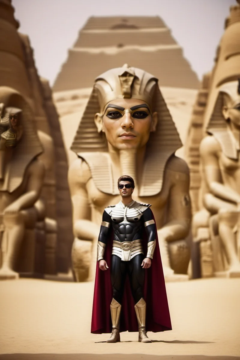 cinematic photo a man, ((full body)), with a mask in a superhero suit and cape, in a 80s egypt pyramids background<lora:Ozymandias1024-000450:0.8> . 35mm photograph, film, bokeh, professional, 4k, highly detailed
