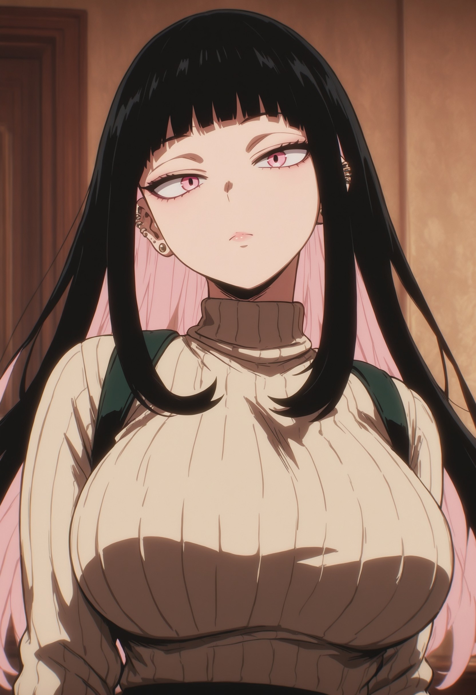 mmha2, 1girl, jewelry, sweater, earrings, solo, black hair, breasts, long hair, pink eyes, looking at viewer, pink hair, turtleneck, bangs, turtleneck sweater, multicolored hair, blunt bangs, ribbed sweater, colored inner hair, large breasts, two-tone hair, upper body, piercing, closed mouth, ear piercing, high contrast, detailed lighting, masterfully drawn, 4K, amazing quality, aesthetic, details, prestine, mmha2, , <lora:5e383849-9b54-462b-b435-07a58c22bafb:0.9>