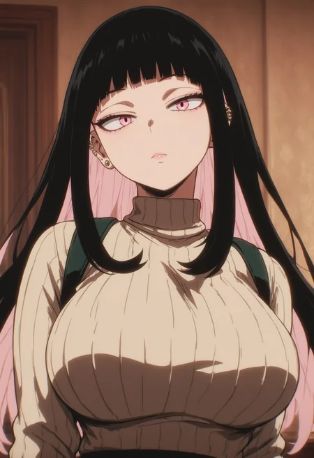 mmha2, 1girl, jewelry, sweater, earrings, solo, black hair, breasts, long hair, pink eyes, looking at viewer, pink hair, turtleneck, bangs, turtleneck sweater, multicolored hair, blunt bangs, ribbed sweater, colored inner hair, large breasts, two-tone hair, upper body, piercing, closed mouth, ear piercing, high contrast, detailed lighting, masterfully drawn, 4K, amazing quality, aesthetic, details, prestine, mmha2, , <lora:5e383849-9b54-462b-b435-07a58c22bafb:0.9>