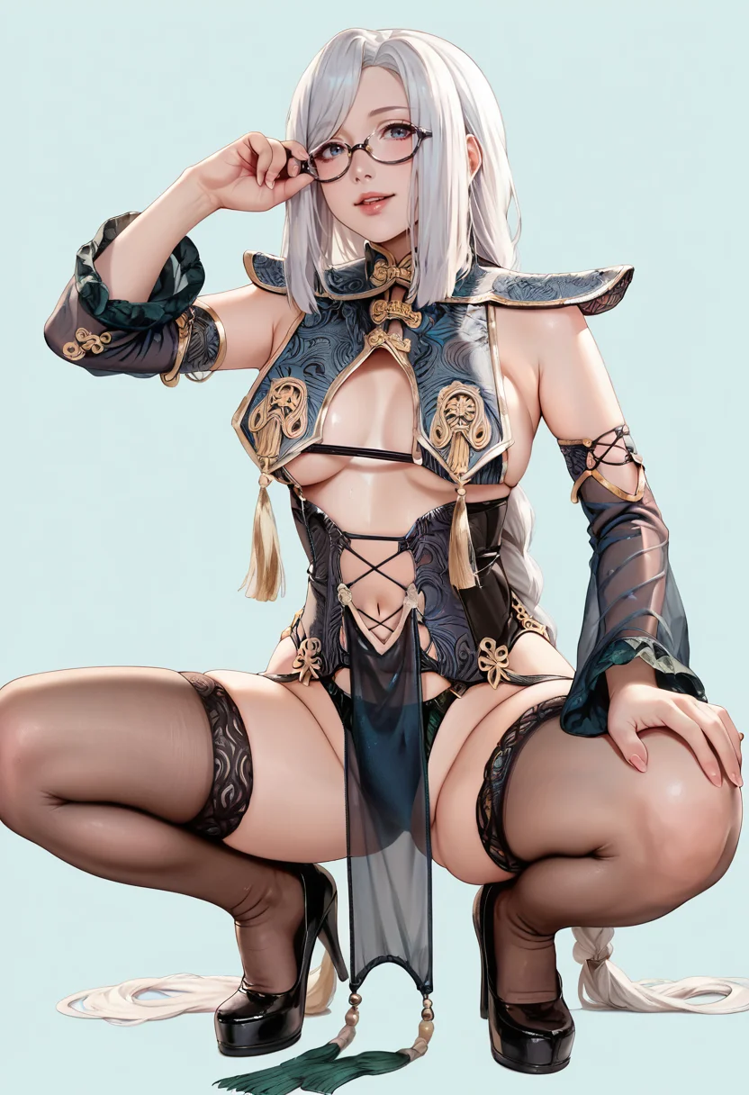 score_9,score_8_up,score_7_up,8k,heavy make-up,blue background,(smile:0.6),,
full body,squatting,1girl,solo,cute girl,large breasts,narrow waist,dynamic pose,very long hair,white hair,<lora:A003-Shenhe-v40-000010:0.8>,1gshenhe,thigh,hand on hips,glasses,(slender.body:1.4),(flat color:1.4),