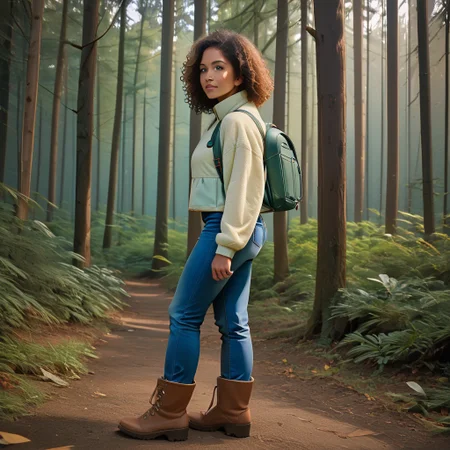 Score_9_up, score_8_up, score_7_up, (masterpiece, best quality, high quality, realistic, ultra detailed), hyperrealistic, (UHD quality details), from side, 1girl, fleece_jacket, standing, looking at viewer, backpack, curly hair, dark skin, jeans, denim, hiking boots, forest, wilderness, depth of field, 8k uhd, absurd res, volumetric lighting, beautiful composition, intricate detail, professional photography
