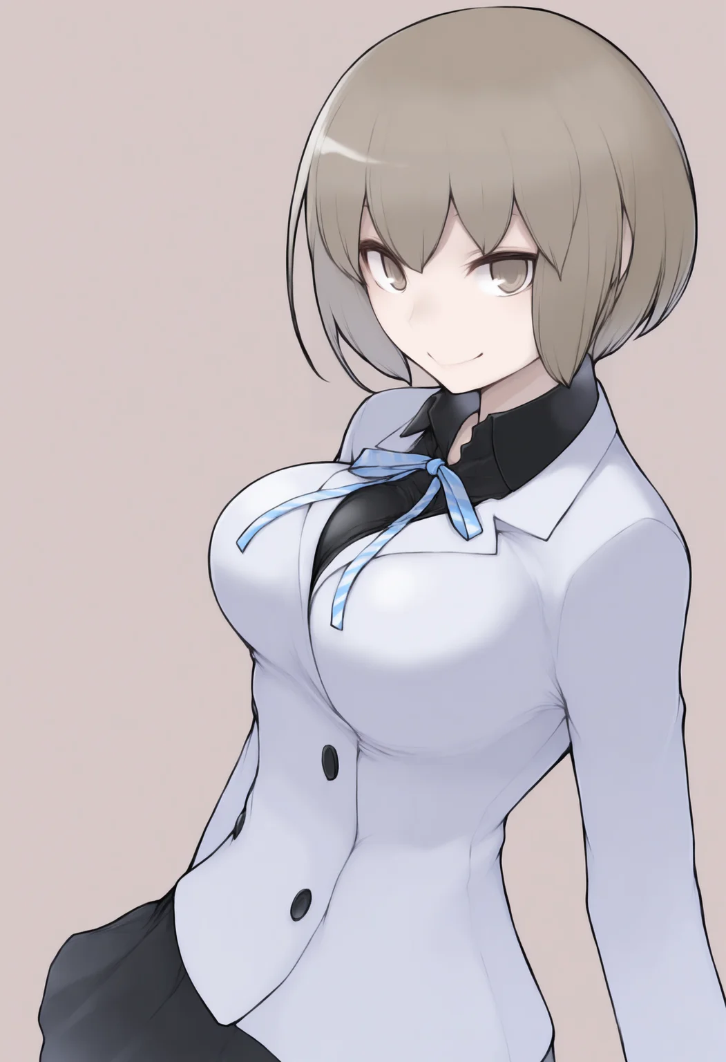 masterpiece, best quality, solo, 1girl, looking at viewer, smile, <lora:Io-illus_Fp:1>, iodesu2, short hair, brown hair, brown eyes, school uniform, ribbon, collared shirt, black skirt, black shirt, large breasts, <lora:Yasuda-Suzuhito-illus_Fp:1>, simple background,